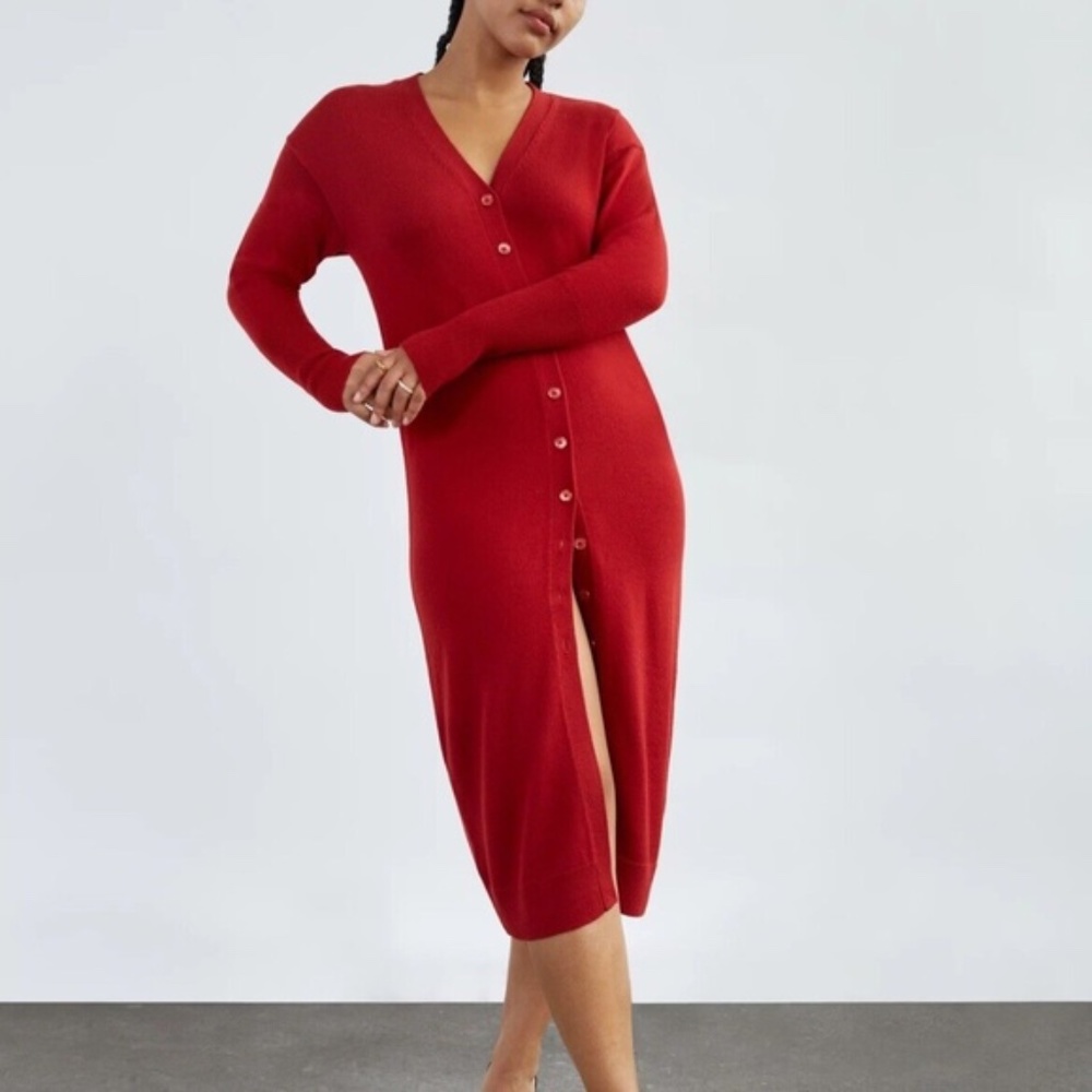 ARITZIA WILFRED Red Wool Knit Utopia Button Down Cardigan Sweater Dress